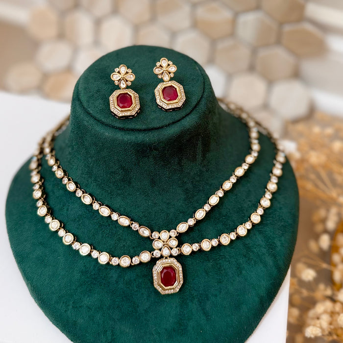Ruby Red Kundan Necklace Set: Necklace and Earring Set
