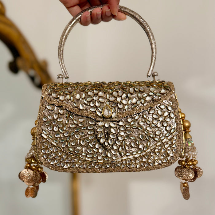 Handmade Kundan Brass Clutch: Vintage Style Wedding Handbag