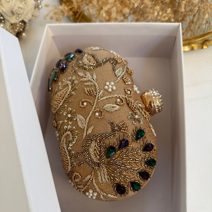 Peacock Clutch: Gold Hand-Embroidered Evening Bag