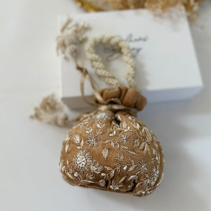 Gold Velvet Zardosi Potli Bag with Pearl Embellishments