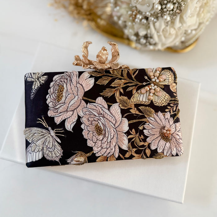 Black & Blush Rose Butterfly Clutch | Floral Evening Bag