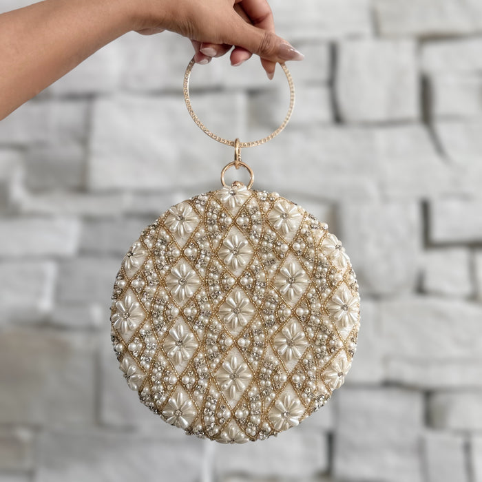 Beaded Bridal Clutch: Ivory Velvet Round Wedding Purse