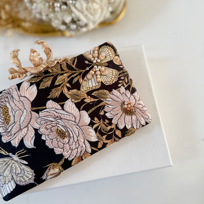 Black & Blush Rose Butterfly Clutch | Floral Evening Bag