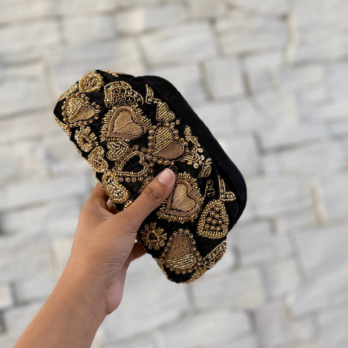 Black Velvet Evening Pouch Bag | Traditional Zardosi Embroidery