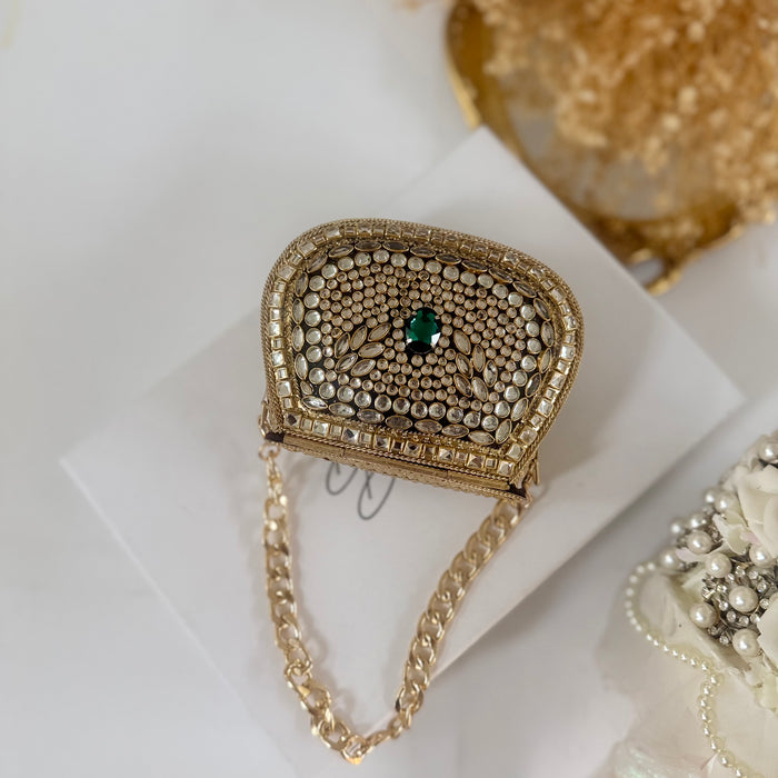 Emerald Green Kundan Clutch: Mini Metal Statement Bag