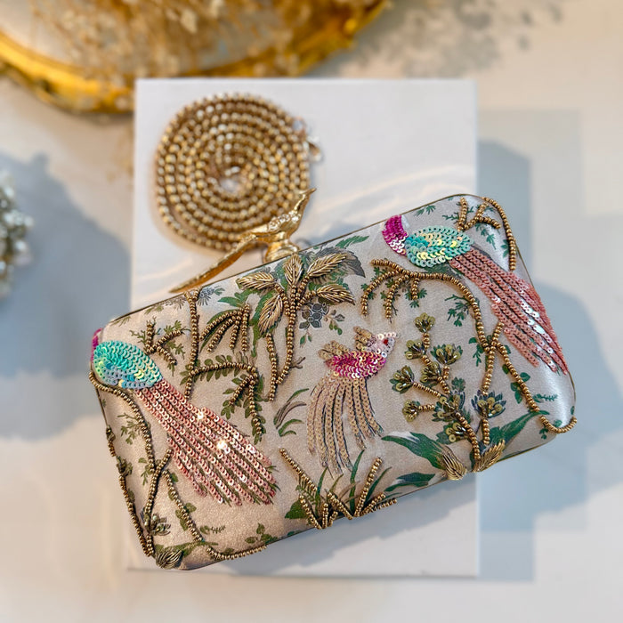 Multicolor Peacock Clutch | Hand-Embroidered Clutch With Bird Knob