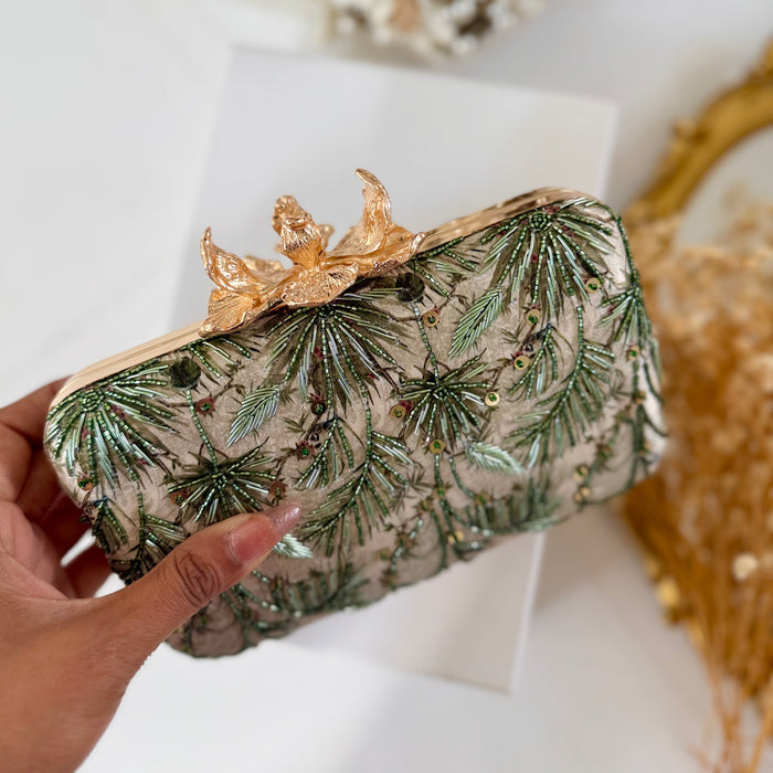 Hand-Embroidered Nature Inspired Leaf Clutch