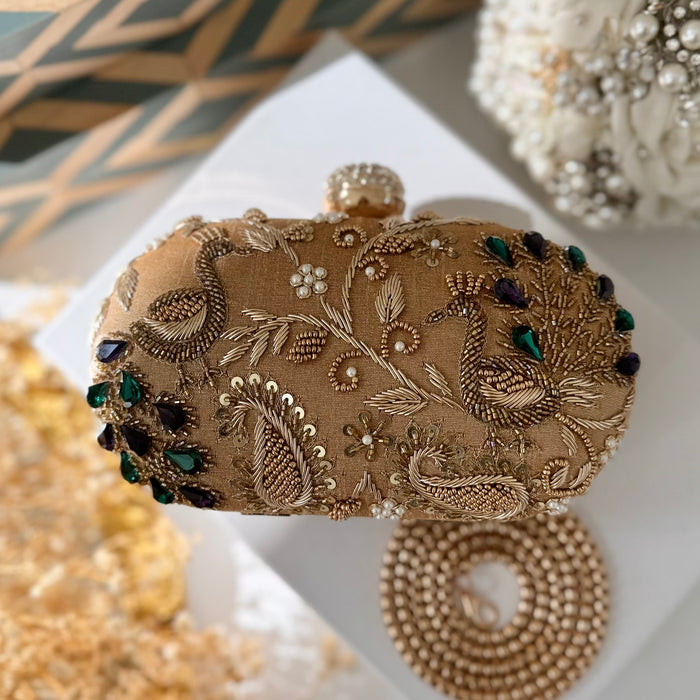 Gold Peacock Zardozi Embroidered Clutch