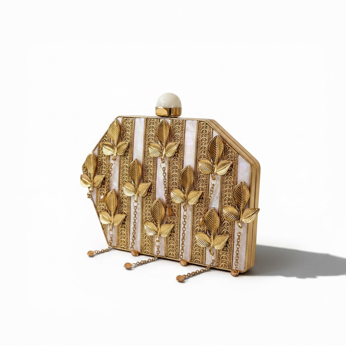 Mother of Pearl Clutch: Gold Leaf Bridal Evening Bag