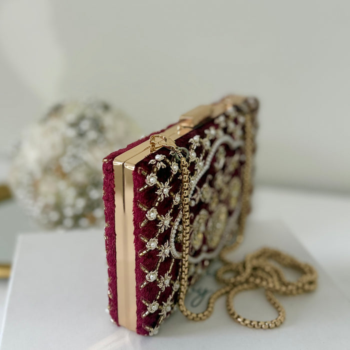Maroon Velvet Clutch: Beaded Zardosi Indian Bridal Purse