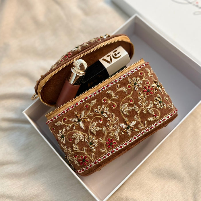 Embroidered Vanity Case Bag | Hand Embroidered Suede Bridal Bag