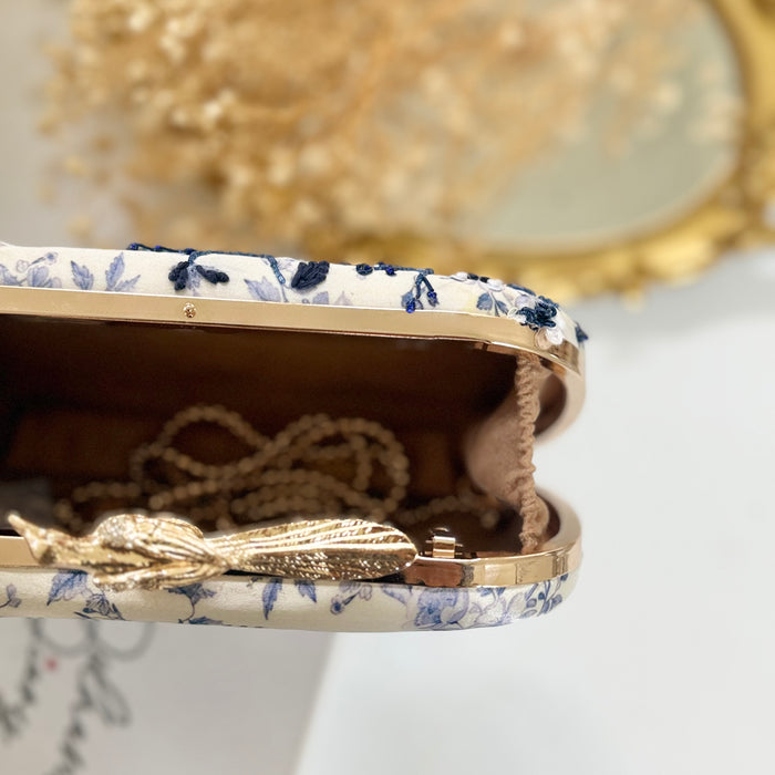 Floral Zardosi Bridal Clutch: Navy Blue Printed Wedding Clutch With Bird Knob