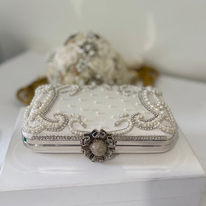 Ivory Beaded Bridal Clutch: Raw Silk Wedding Evening Bag With Silver Embroidery