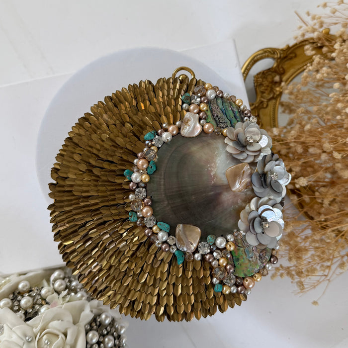 Brass Statement Clutch | Natural Shell, Turquoise Gemstones & Mother of Pearl