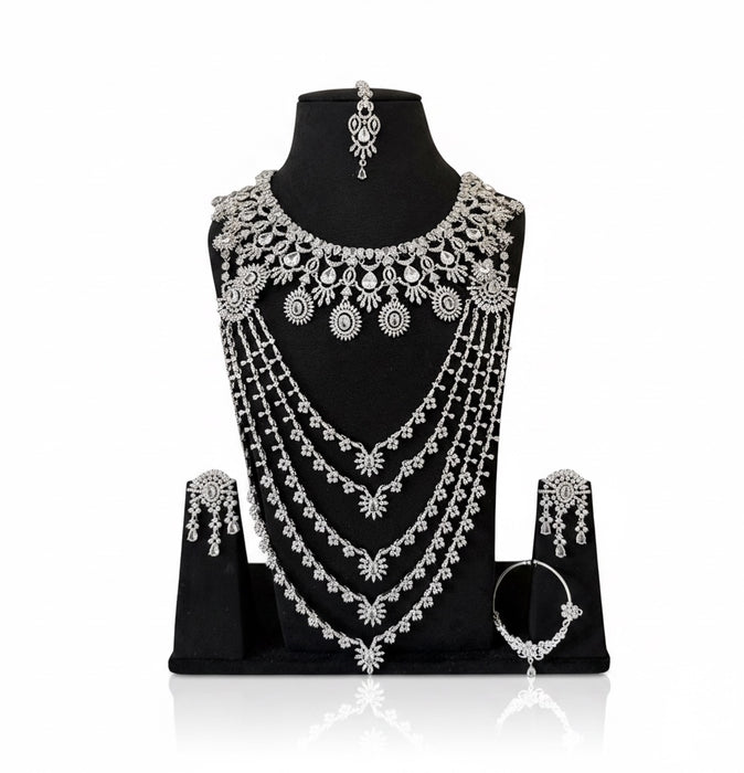 Silver Ad Bridal Necklace Set- Layered Necklaces with Earrings, Tikka and Naath