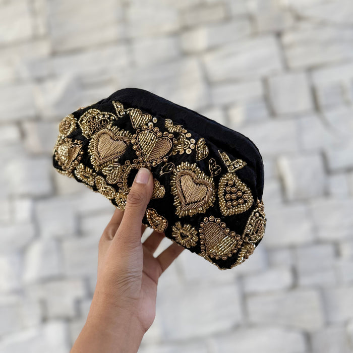 Black Velvet Evening Pouch Bag | Traditional Zardosi Embroidery