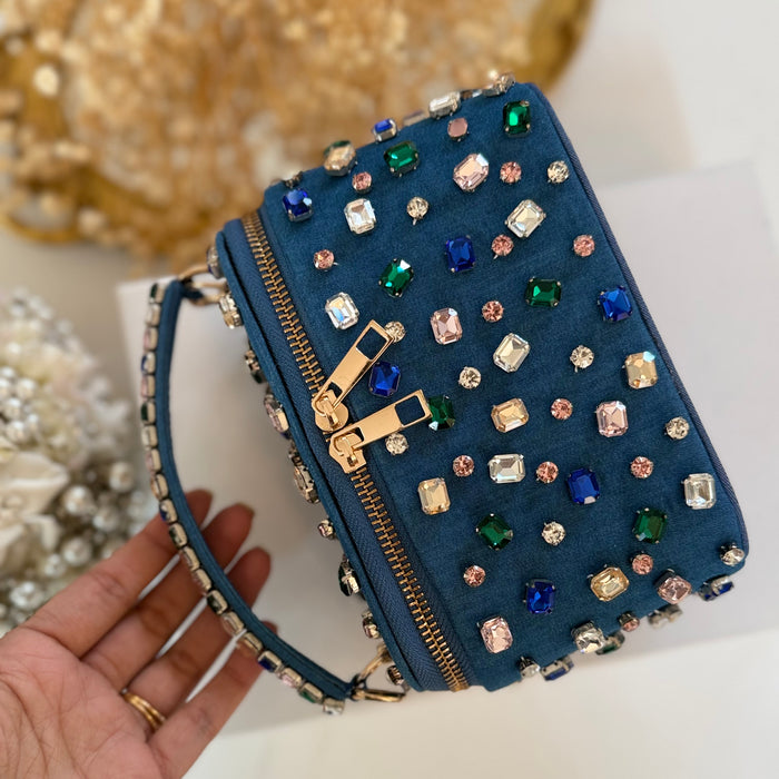 Denim Vanity Case Bag | Multicolor Rhinestones Bag
