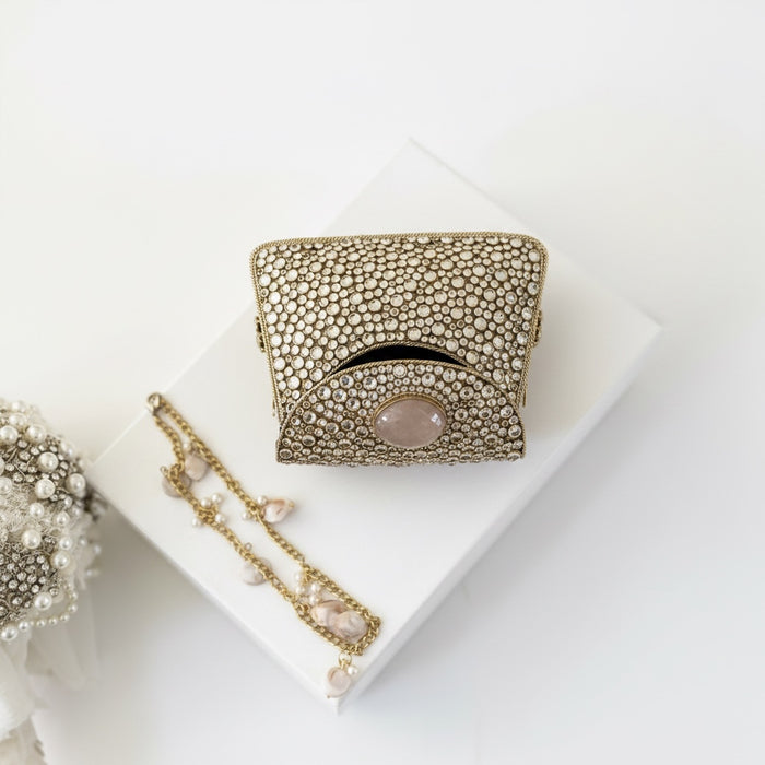 Natural Rose Quartz Gemstone Mini Clutch | Kundan Detailing on Brass Frame