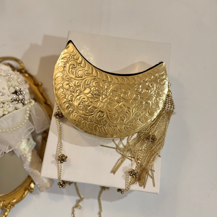 Moon Shape Brass Clutch: Gold Vintage Style Statement Handbag