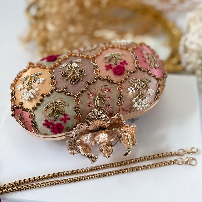Jewel Tapestry Oval Clutch: Hand-Embroidered Oval Bag