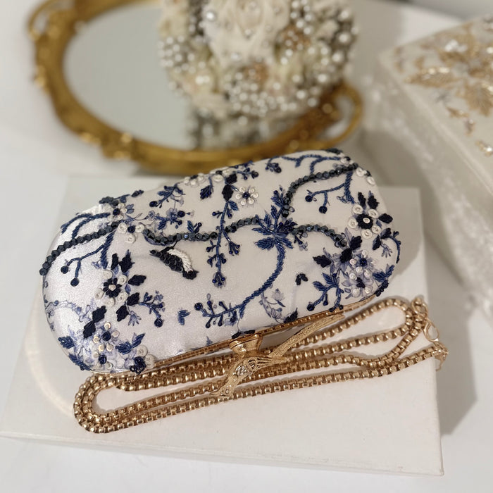 Floral Zardosi Bridal Clutch: Navy Blue Zardozi Work Printed Wedding Clutch With Bird Knob
