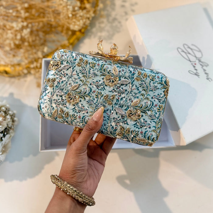 Teal Blue Hand-Embroidered Clutch With Large Flower Clasp 