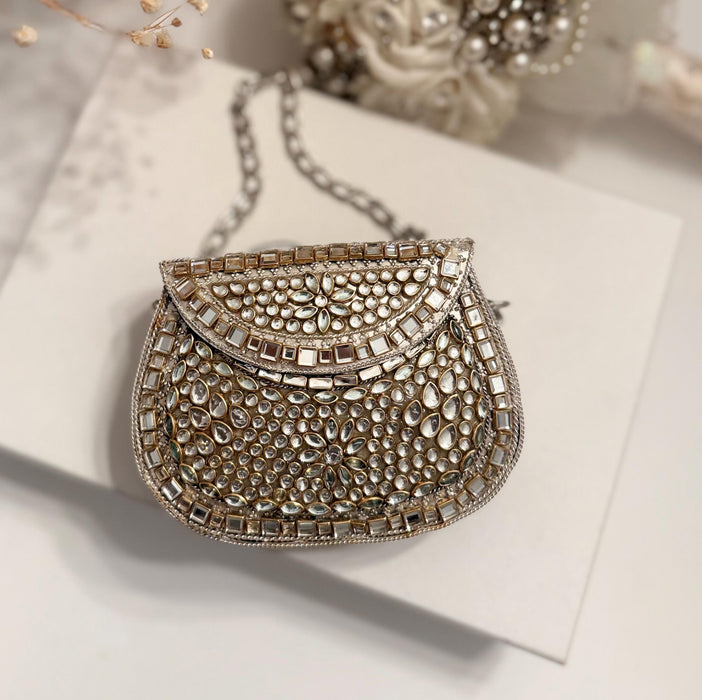 Kundan Stone Mini Clutch: Gold & Silver Dual Tone Evening Bag