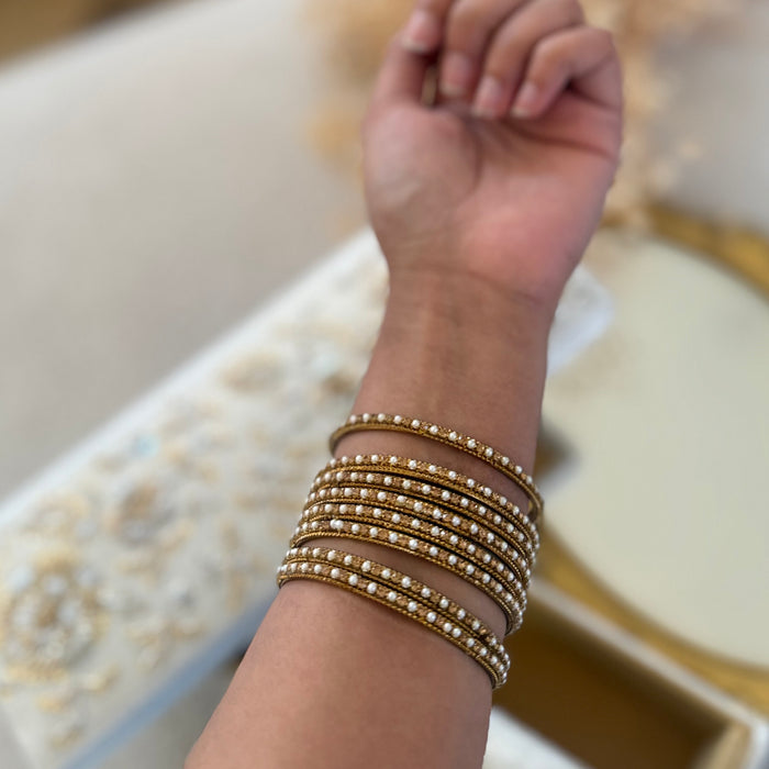 Beaded Bangle Set : White and Gold Bangle Set of 8