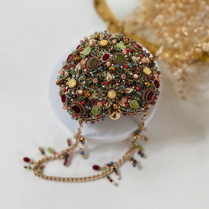 Multicolor Hand-Embroidered Heart-Shaped Kundan Clutch