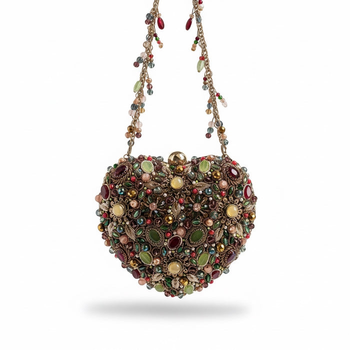 Multicolor Hand-Embroidered Heart-Shaped Kundan Clutch