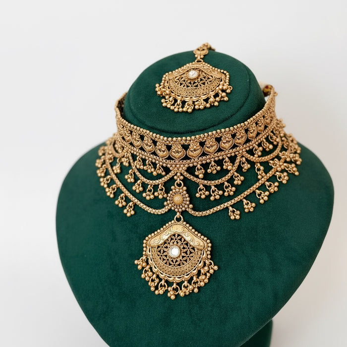 Gold Plated Bridal Necklace Set - Choker Set with Earrings and Tikka