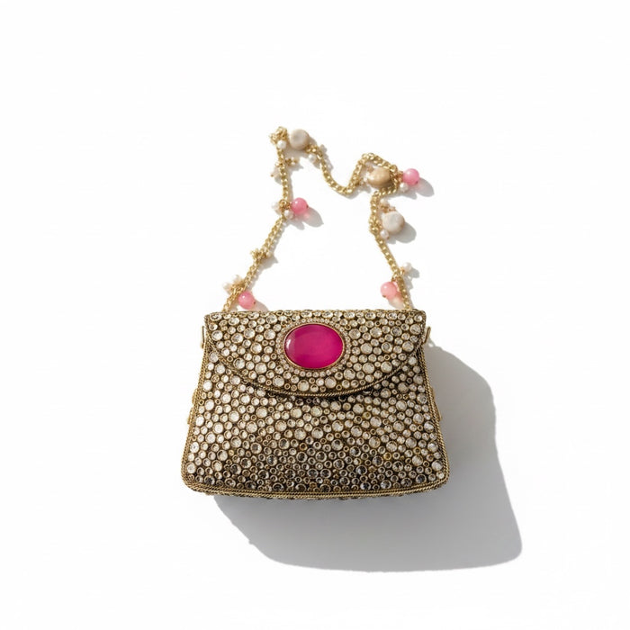 Natural Fuchsia Onyx Gemstone Mini Clutch | Kundan Detailing on Brass Frame