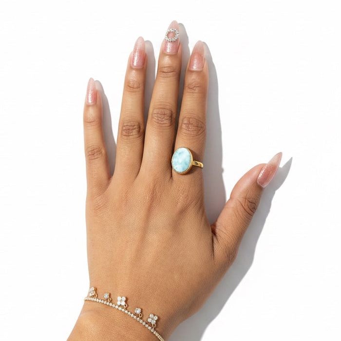 Natural Larimar Ring with Brass - Statement Jewelry