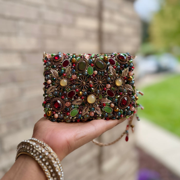 Multicolor Hand-Embroidered Mini Kundan Clutch
