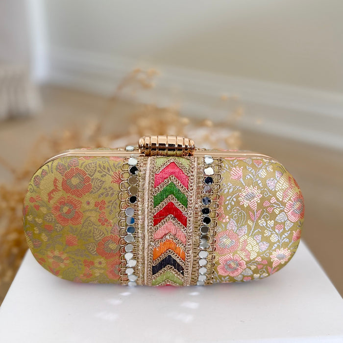 Handmade Banarasi Clutch: Banarasi Ethnic Clutch with Beaded Handle