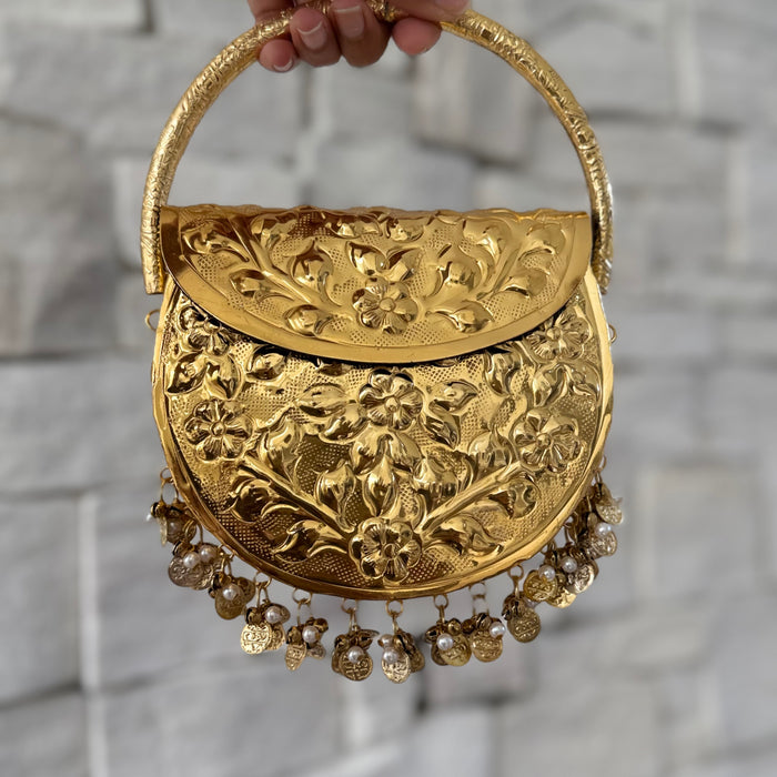 24k Gold Plated Brass Clutch: Vintage Style Top Handle Handbag