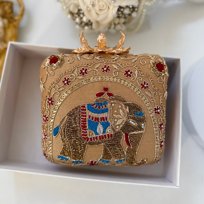 Mughal Inspired Clutch | Zardozi Elephant Motif & Large Flower Knob