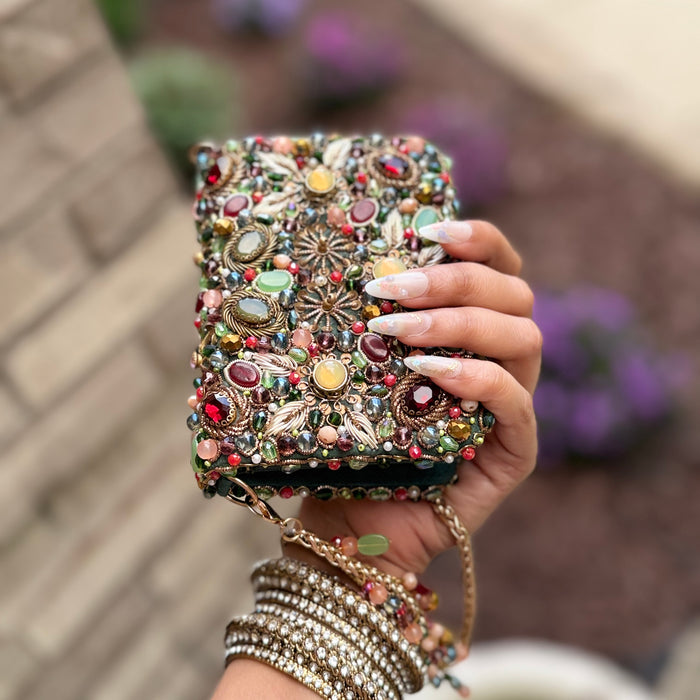 Multicolor Hand-Embroidered Mini Kundan Clutch