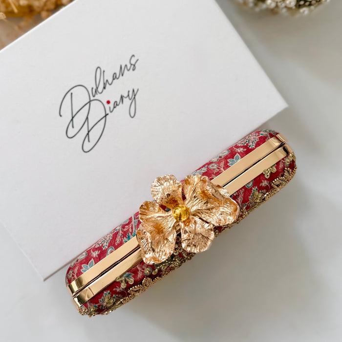 Rusty Red Hand-Embroidered Clutch Bag |Printed Floral Purse