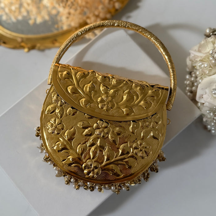 24k Gold Plated Brass Clutch: Vintage Style Top Handle Handbag