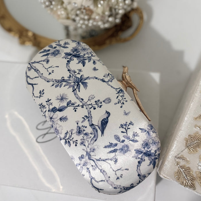 Floral Zardosi Bridal Clutch: Navy Blue Zardozi Work Printed Wedding Clutch With Bird Knob