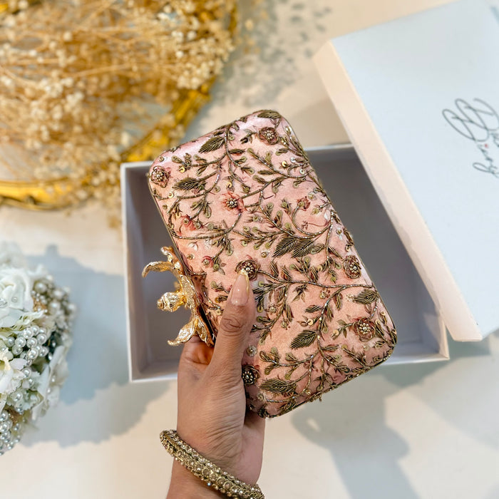 Dusty Pink Rose Clutch | Hand-Embroidered Floral Evening Bag