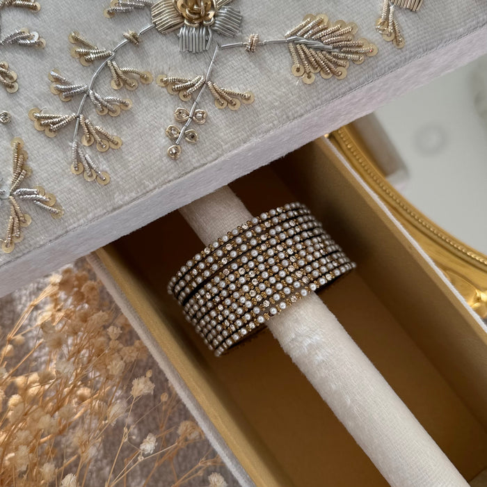 Beaded Bangle Set : White and Gold Bangle Set of 12