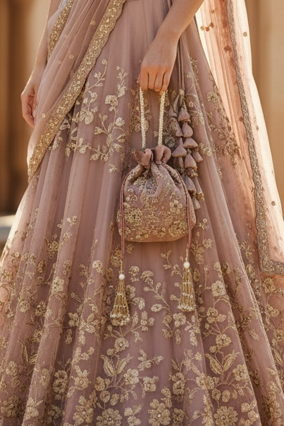 Dusty Pink Zardozi Work Bridal Potli Bag: Wedding Evening Bag