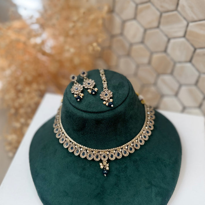 Indian Gold Plated Jewelry Set: Minimalist Bridal Necklace, Earrings and Tikka Set
