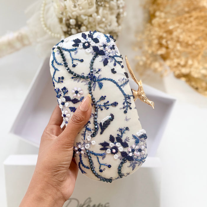 Floral Zardosi Bridal Clutch: Navy Blue Printed Wedding Clutch With Bird Knob