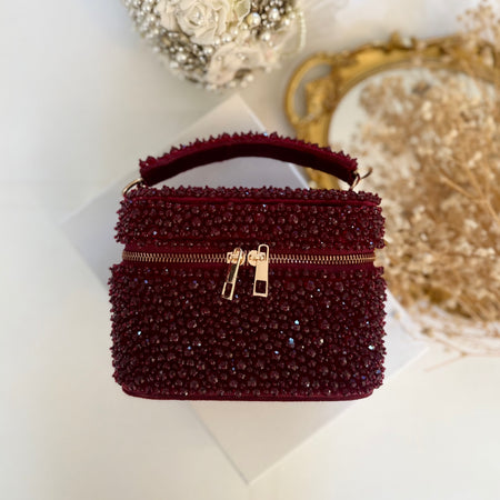 Maroon Crystal Vanity Case Bag | Suede Bridal Evening Bag