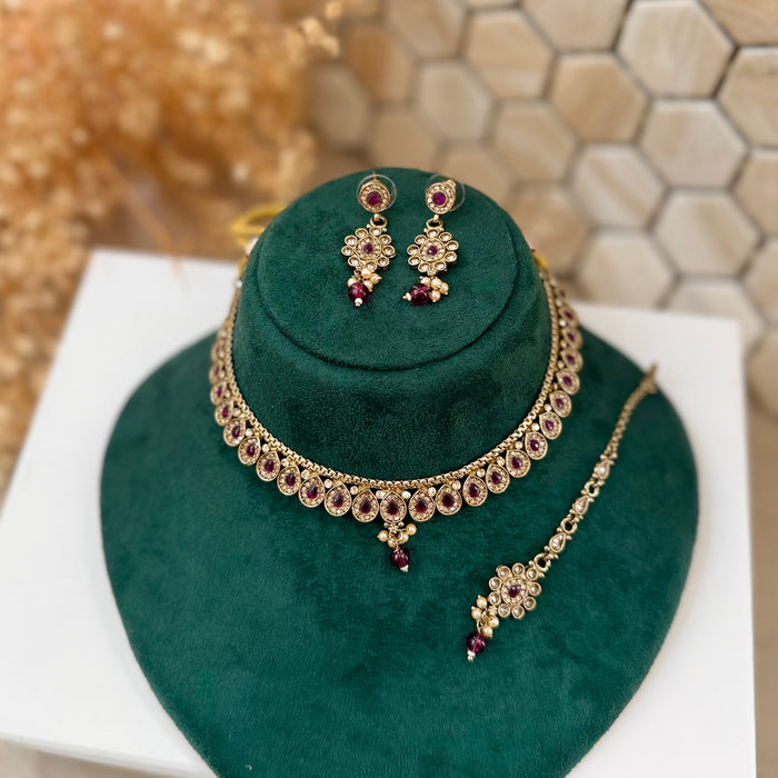 Indian Gold Plated Jewelry Set: Minimalist Bridal Necklace, Earrings and Tikka Set