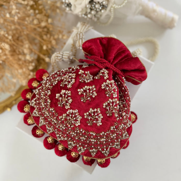 Red Velvet Bridal Potli Bag: Embroidered Indian Wedding Bag