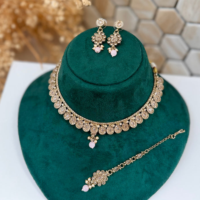 Indian Gold Plated Jewelry Set: Minimalist Bridal Necklace, Earrings and Tikka Set
